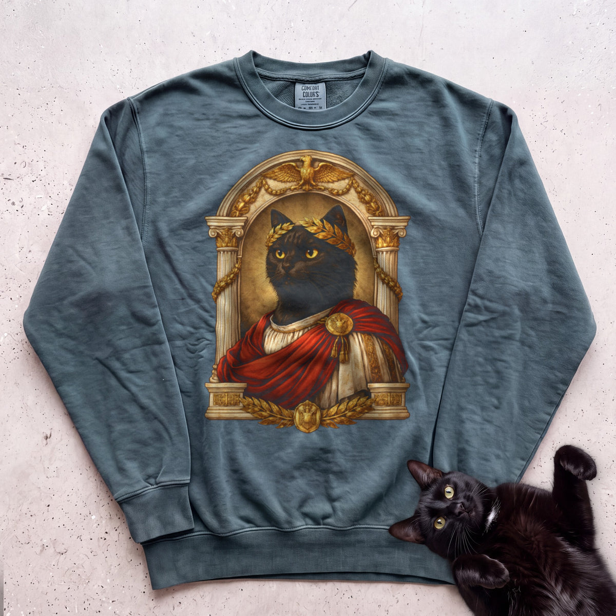 Laureled Emperor Cat Portrait Personalized Sweatshirt - Blue Spruce