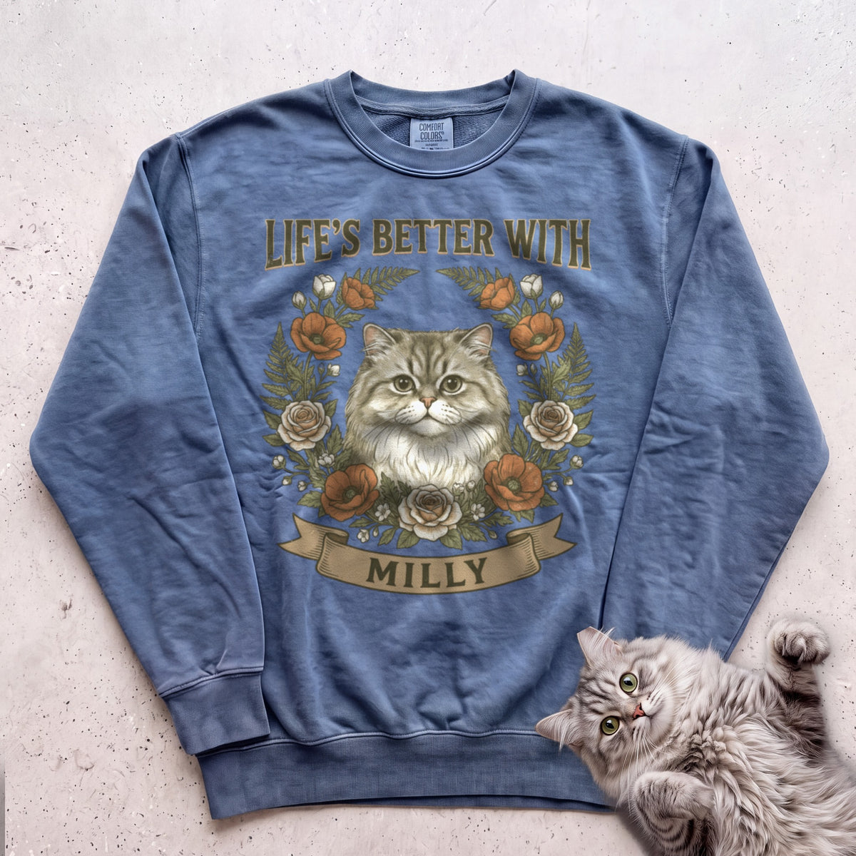 Life is Better With Your Cat Customizable Personalized Sweatshirt - Blue Jean