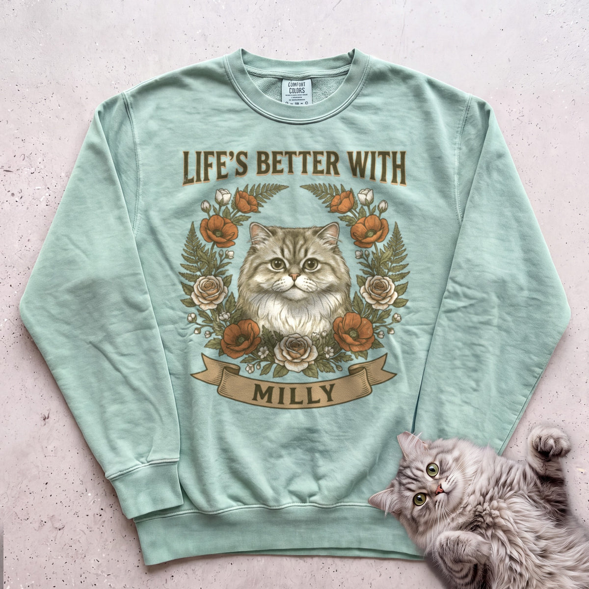 Life is Better With Your Cat Customizable Personalized Sweatshirt - Light Green