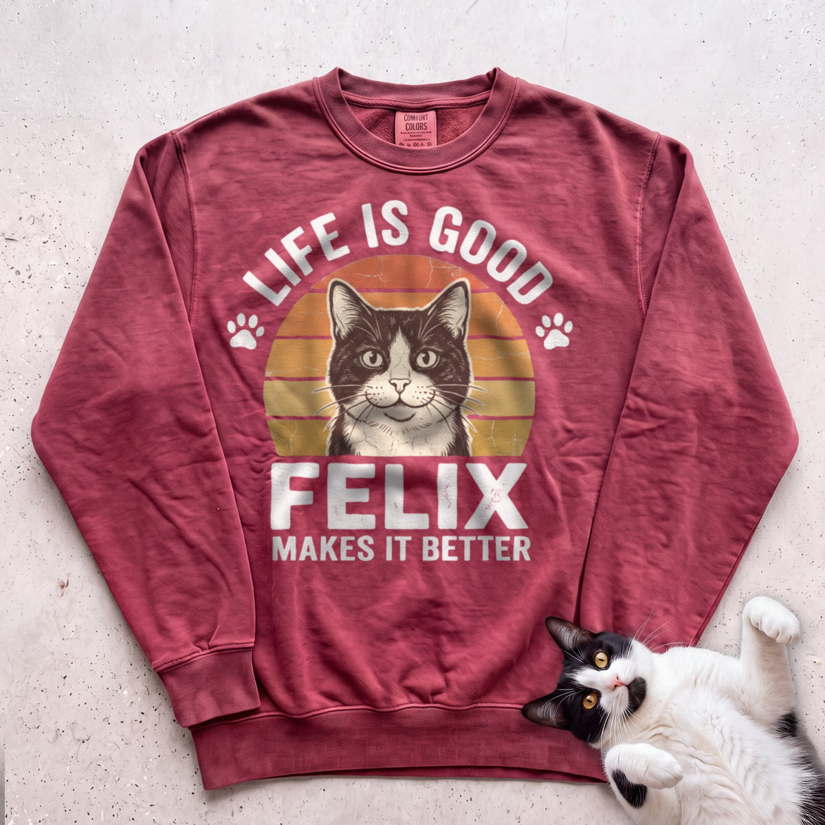Life Is Good Cat Makes It Better Customizable Personalized Sweatshirt - Crimson