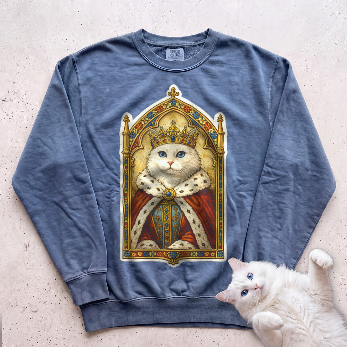 Medieval Cat Portrait Personalized Sweatshirt - Blue Jean