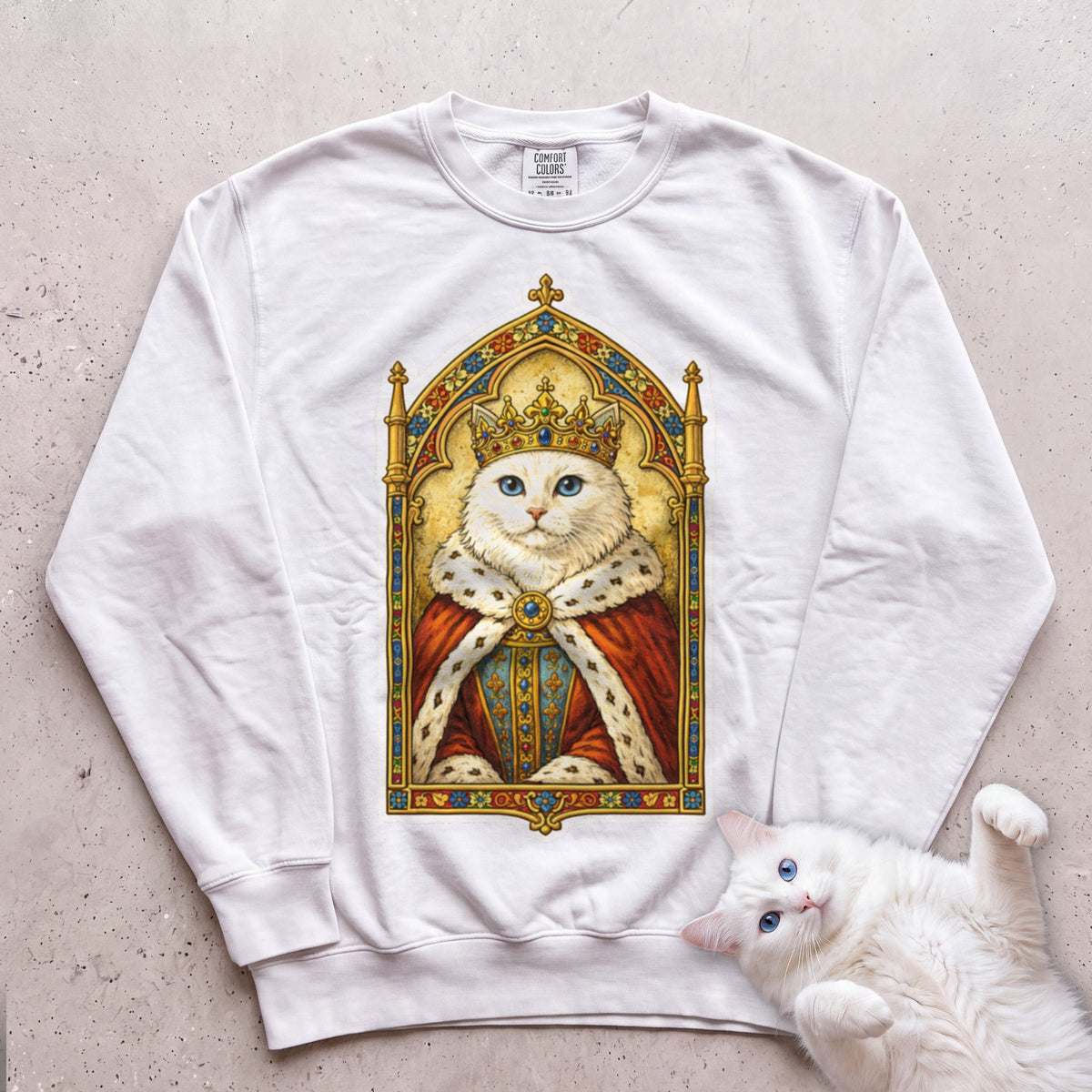 Medieval Cat Portrait Personalized Sweatshirt - White