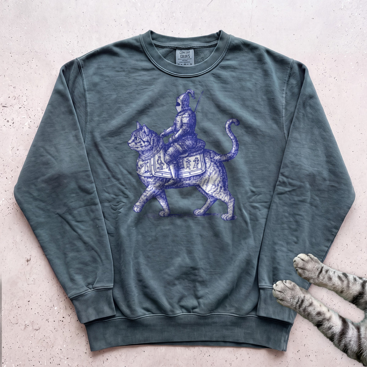 Medieval Knight Riding Cat Sweatshirt - Blue Spruce
