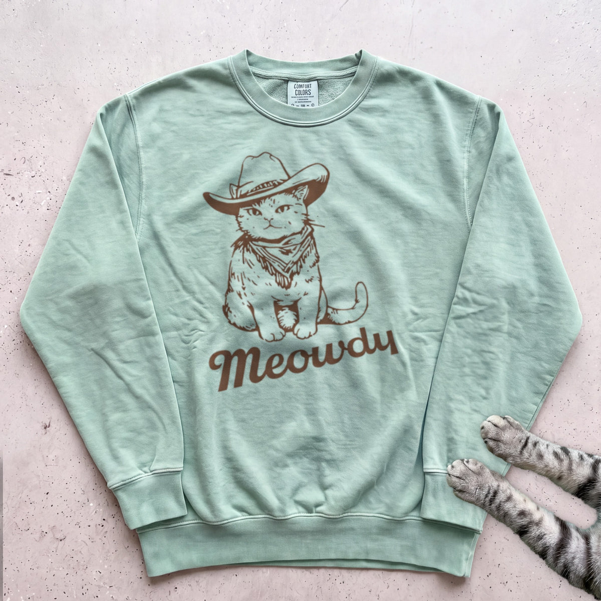 Meowdy Cowboy Cat Sweatshirt - Light Green