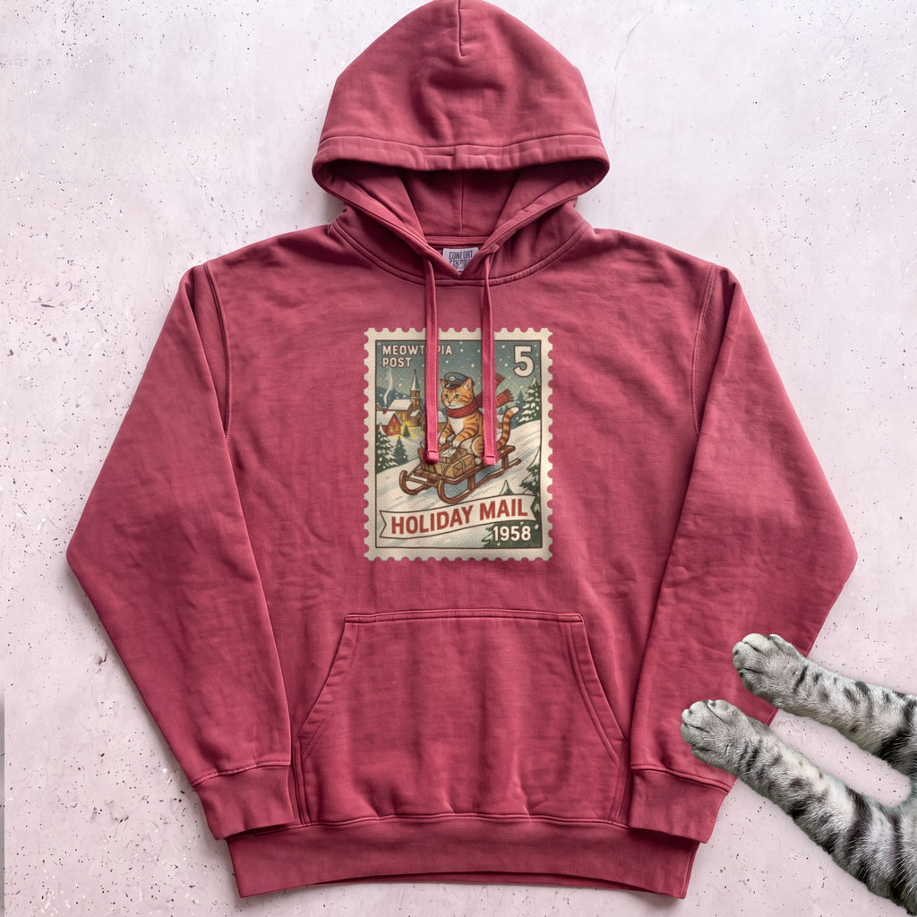 Meowtopia Post Stamp Cat Hoodie - Crimson