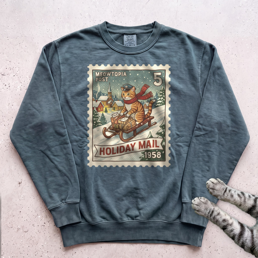 Meowtopia Post Stamp Cat Sweatshirt - Blue Spruce