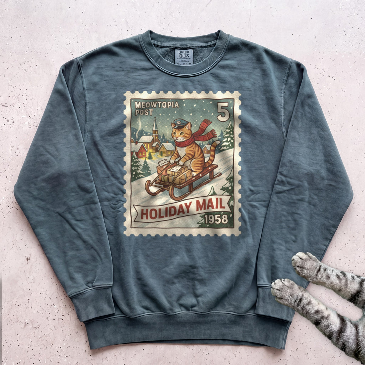 Meowtopia Post Stamp Cat Sweatshirt - Blue Spruce