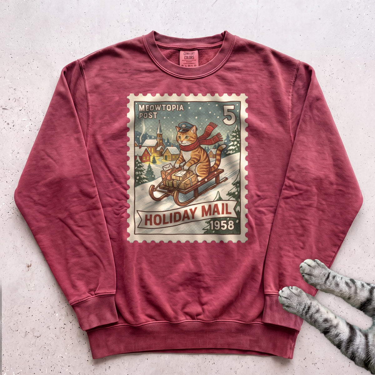 Meowtopia Post Stamp Cat Sweatshirt - Crimson