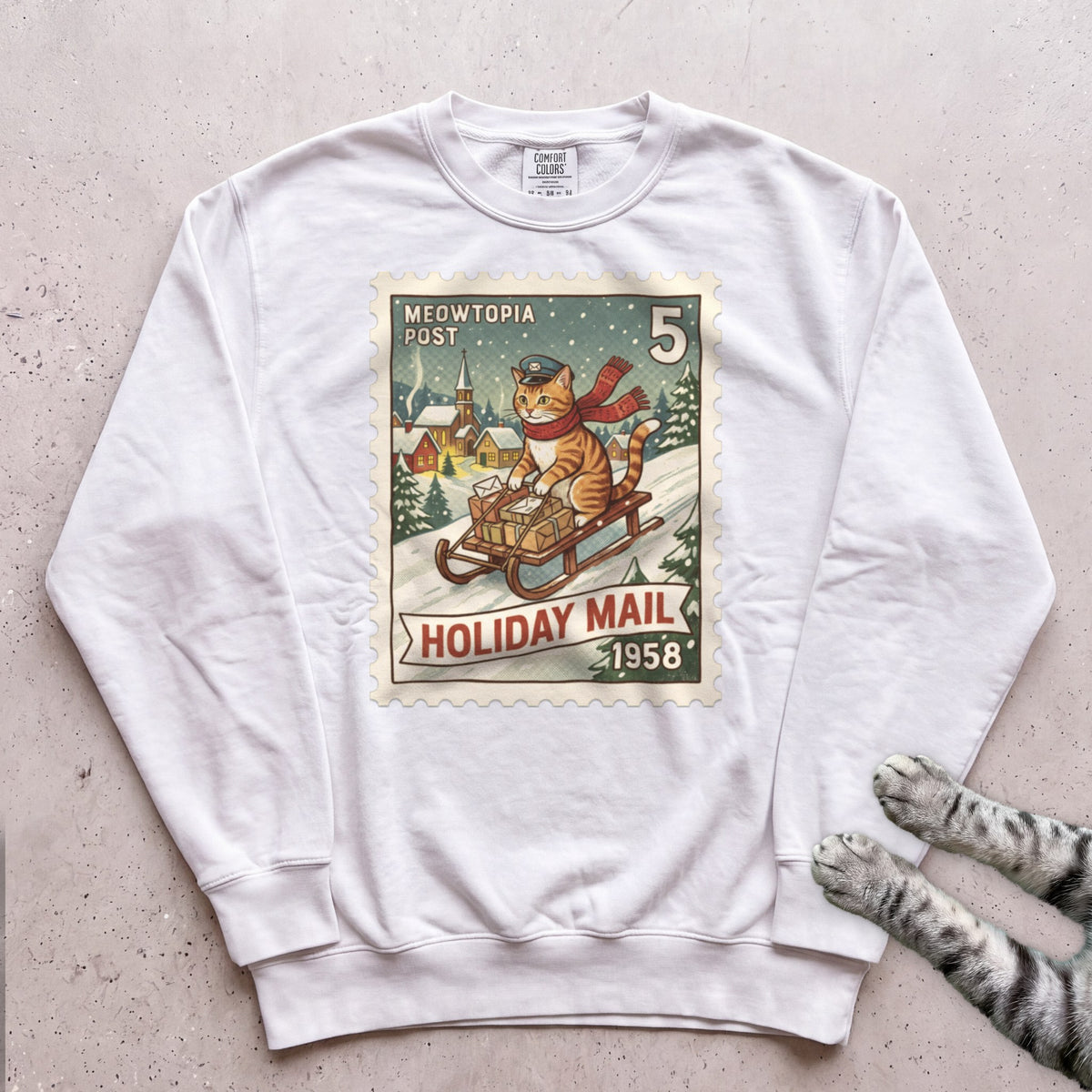 Meowtopia Post Stamp Cat Sweatshirt - White