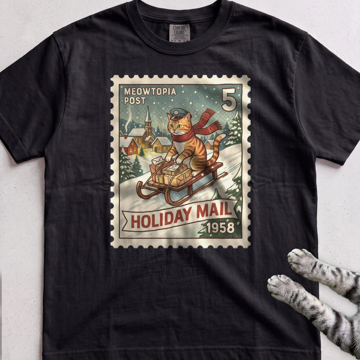 Meowtopia Post Stamp Cat T-Shirt - Black