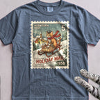Meowtopia Post Stamp Cat T-Shirt - Blue Jean