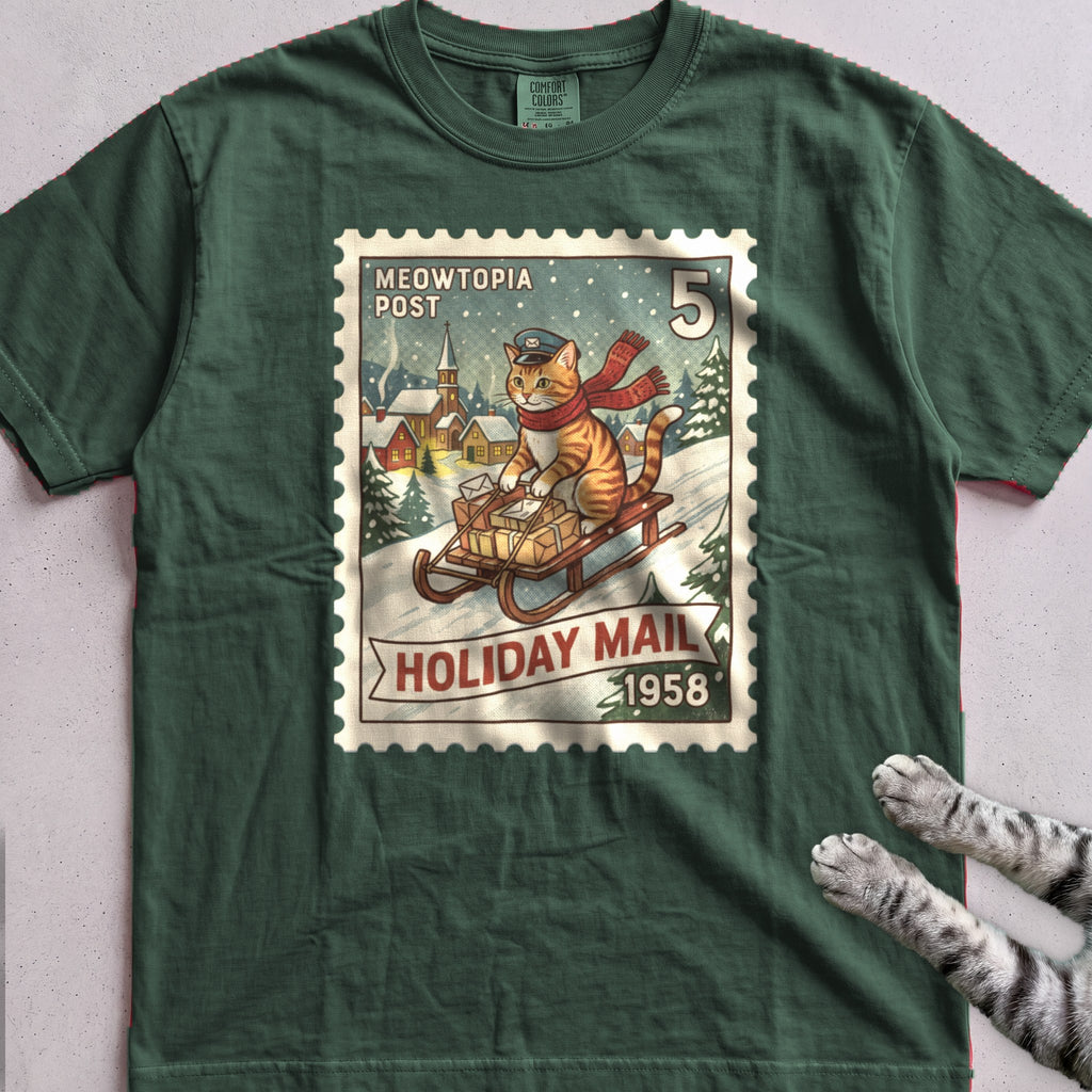 Meowtopia Post Stamp Cat T-Shirt - Blue Spruce
