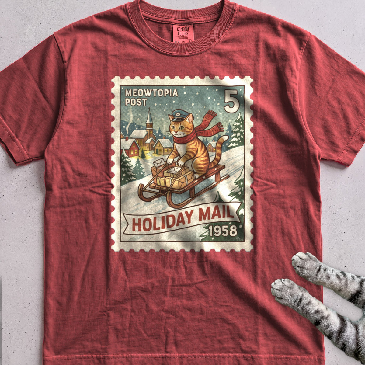 Meowtopia Post Stamp Cat T-Shirt - Crimson