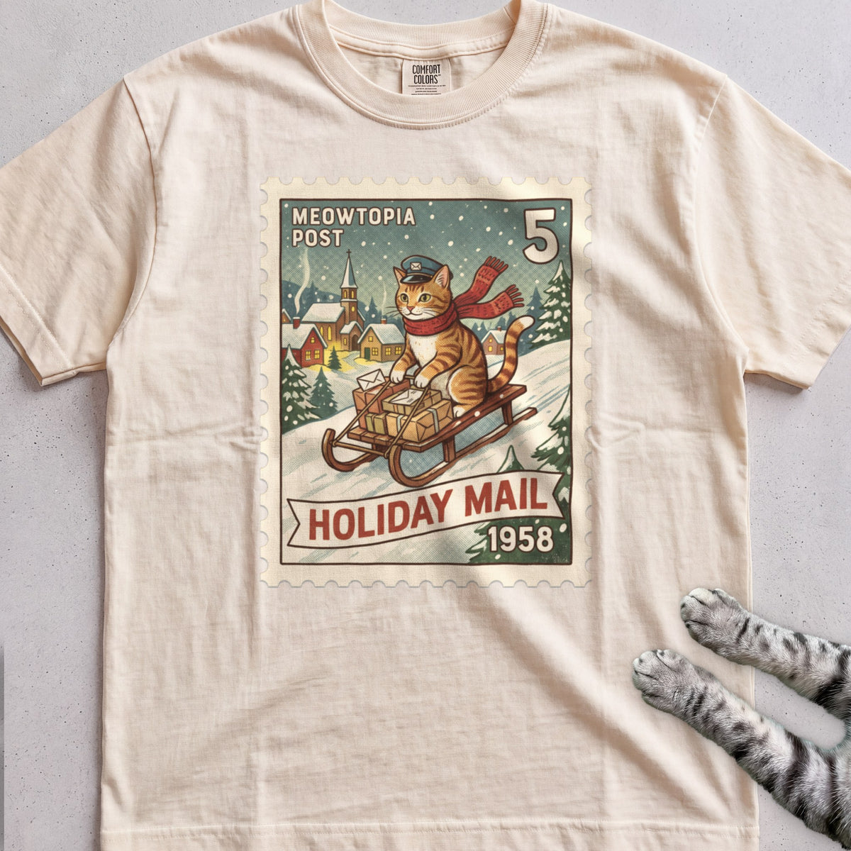 Meowtopia Post Stamp Cat T-Shirt - Ivory