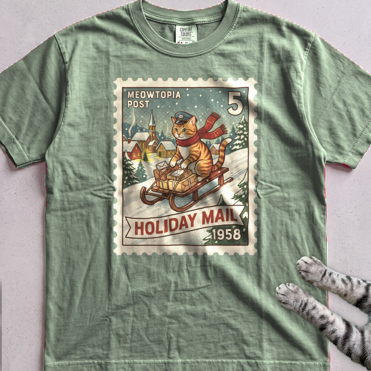 Meowtopia Post Stamp Cat T-Shirt - Light Green