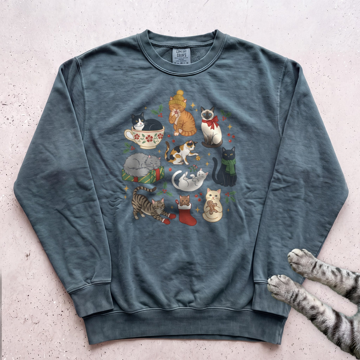 Meowy & Bright Cat Crew Sweatshirt - Blue Spruce