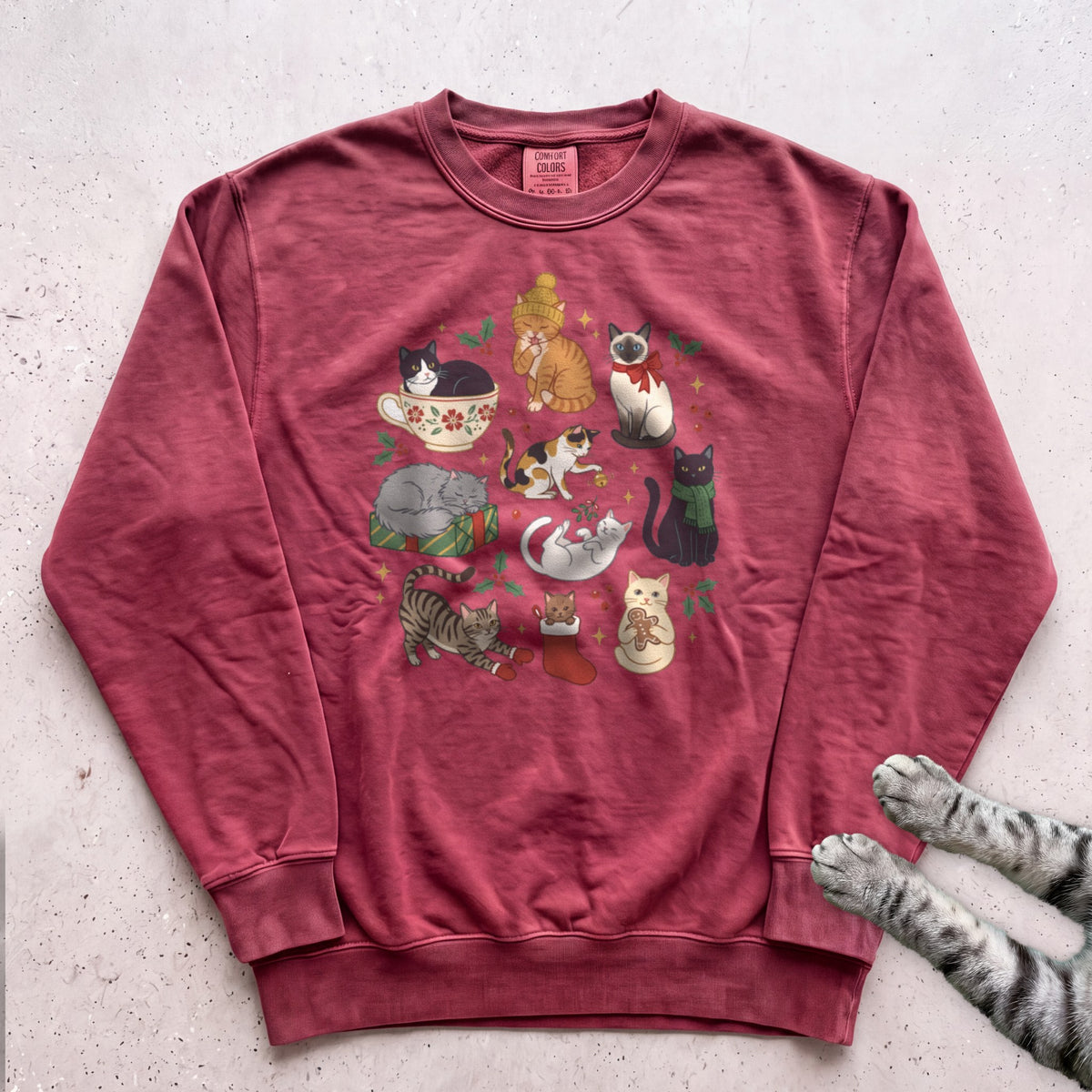 Meowy & Bright Cat Crew Sweatshirt - Crimson