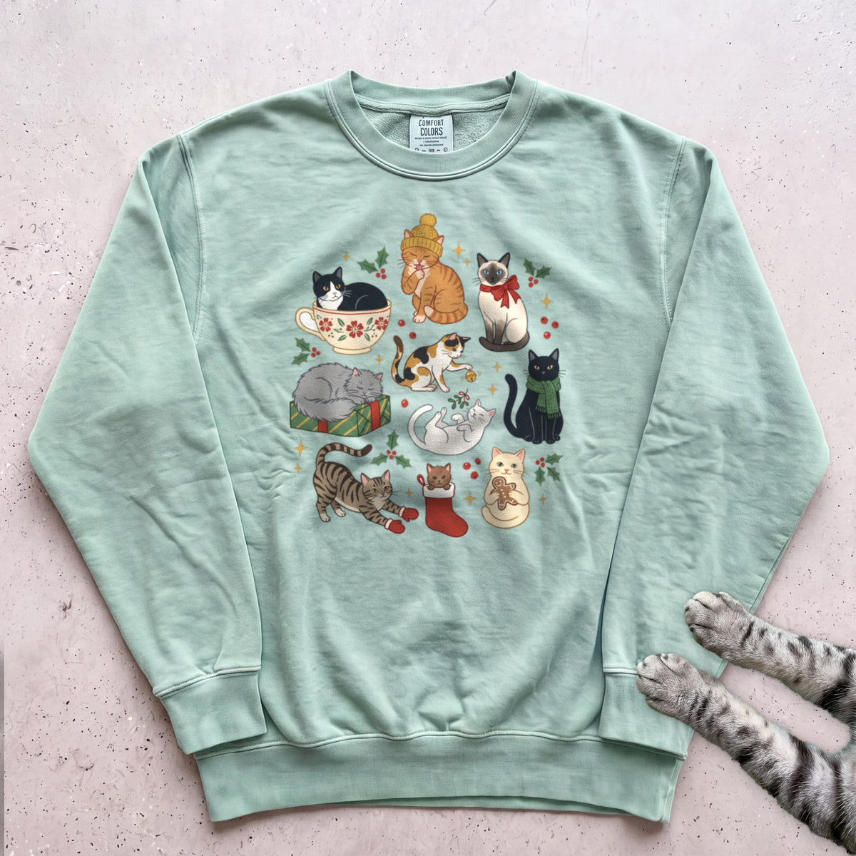 Meowy & Bright Cat Crew Sweatshirt - Light Green