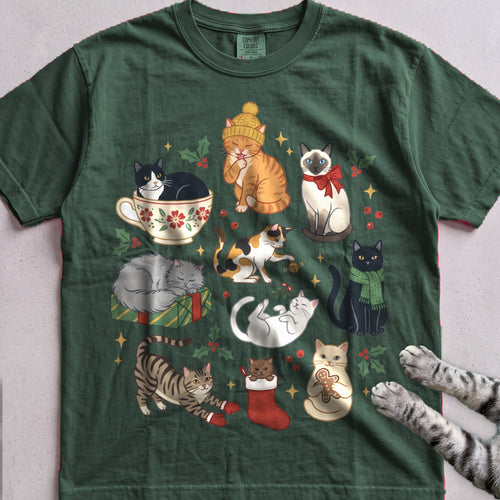 Meowy & Bright Cat Crew T-Shirt - Blue Spruce