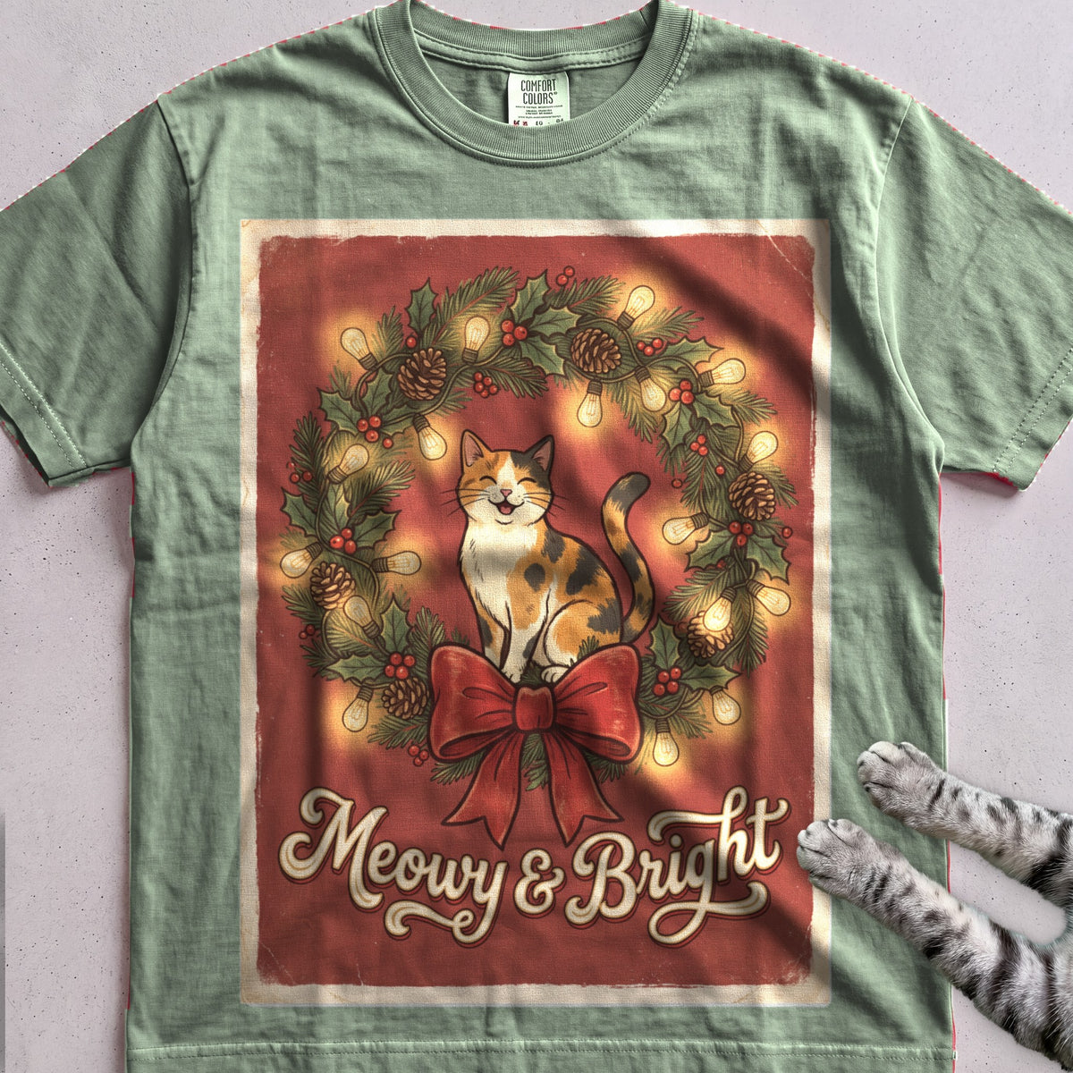 Meowy & Bright Cat T-Shirt - Light Green