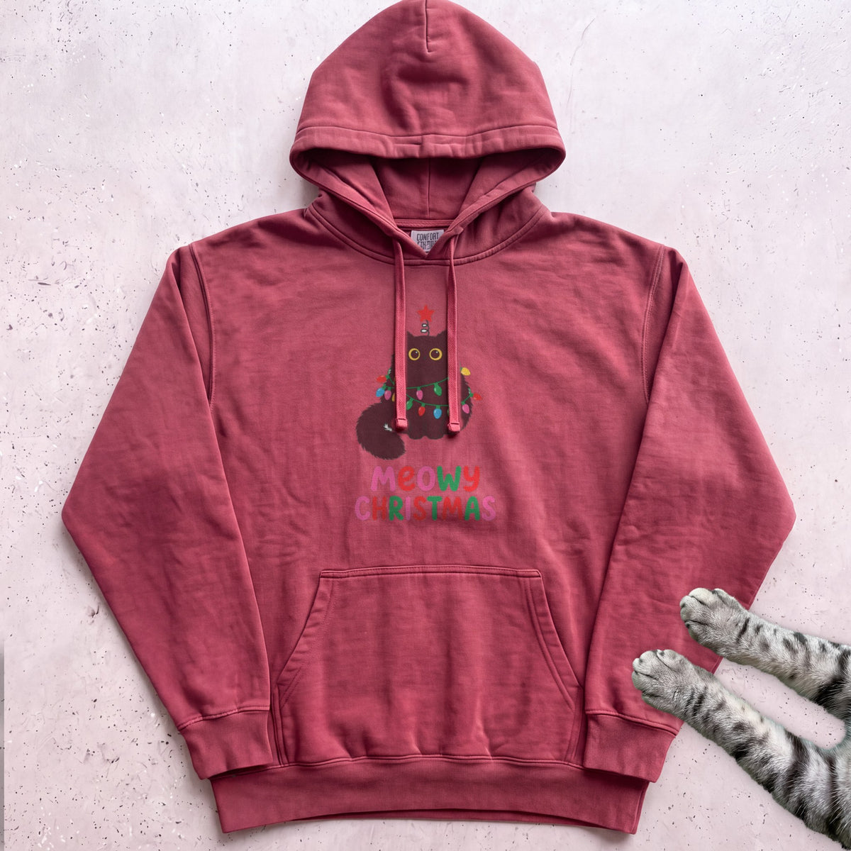 Meowy Christmas Lights Cat Hoodie - Crimson