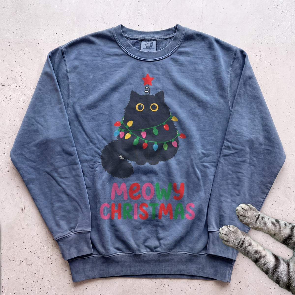 Meowy Christmas Lights Cat Sweatshirt - Blue Jean