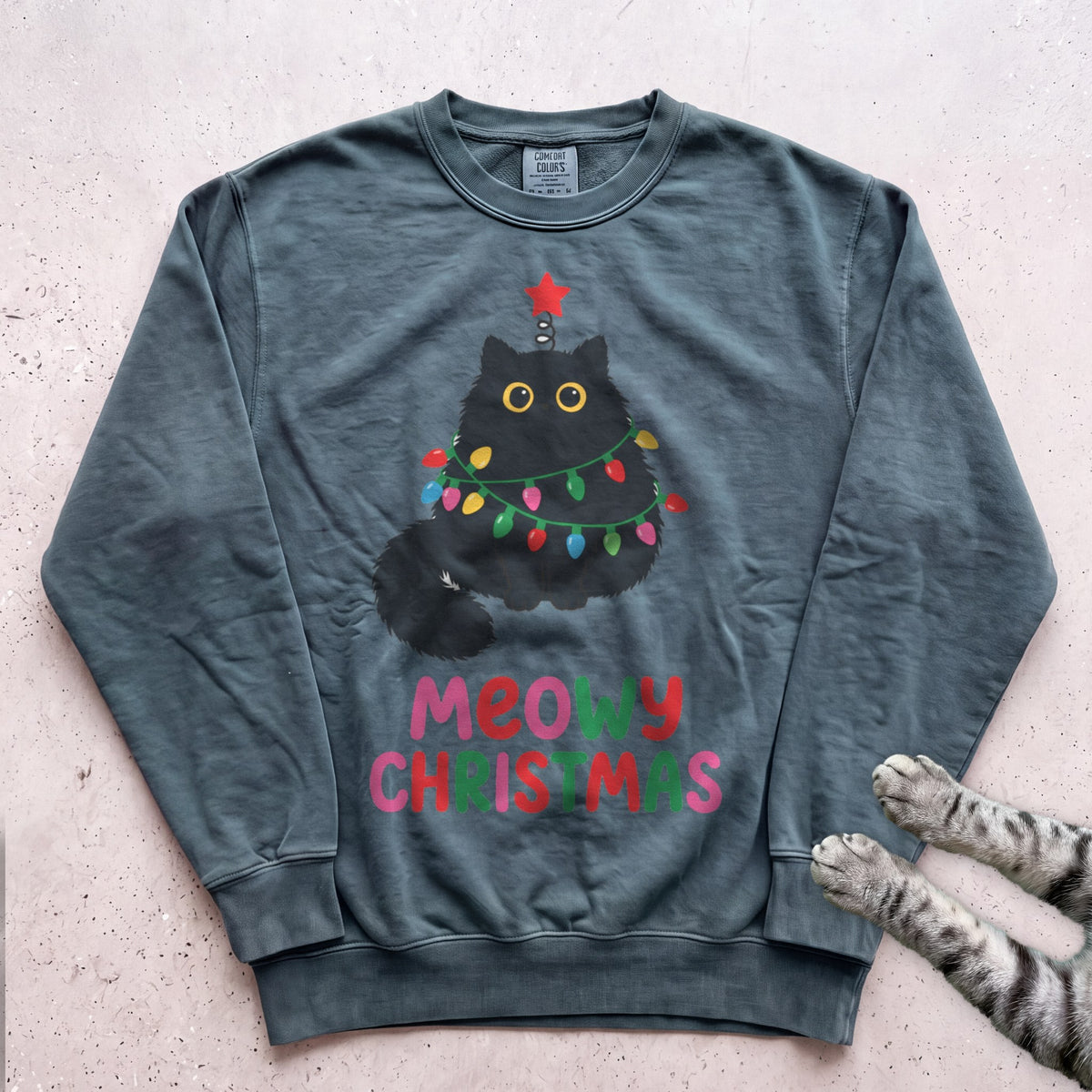 Meowy Christmas Lights Cat Sweatshirt - Blue Spruce