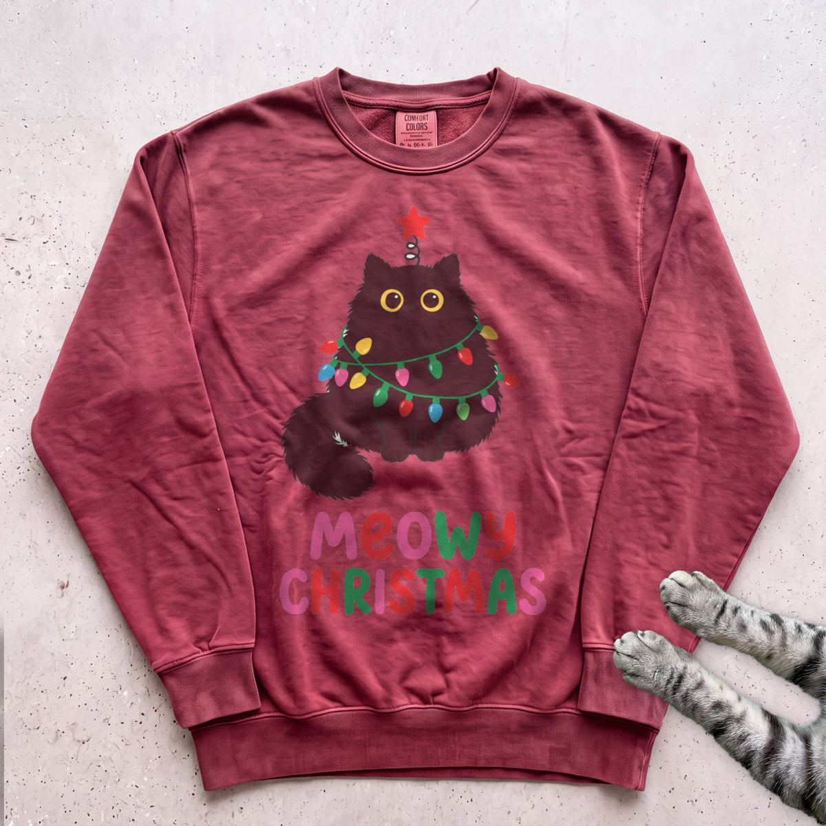 Meowy Christmas Lights Cat Sweatshirt - Crimson