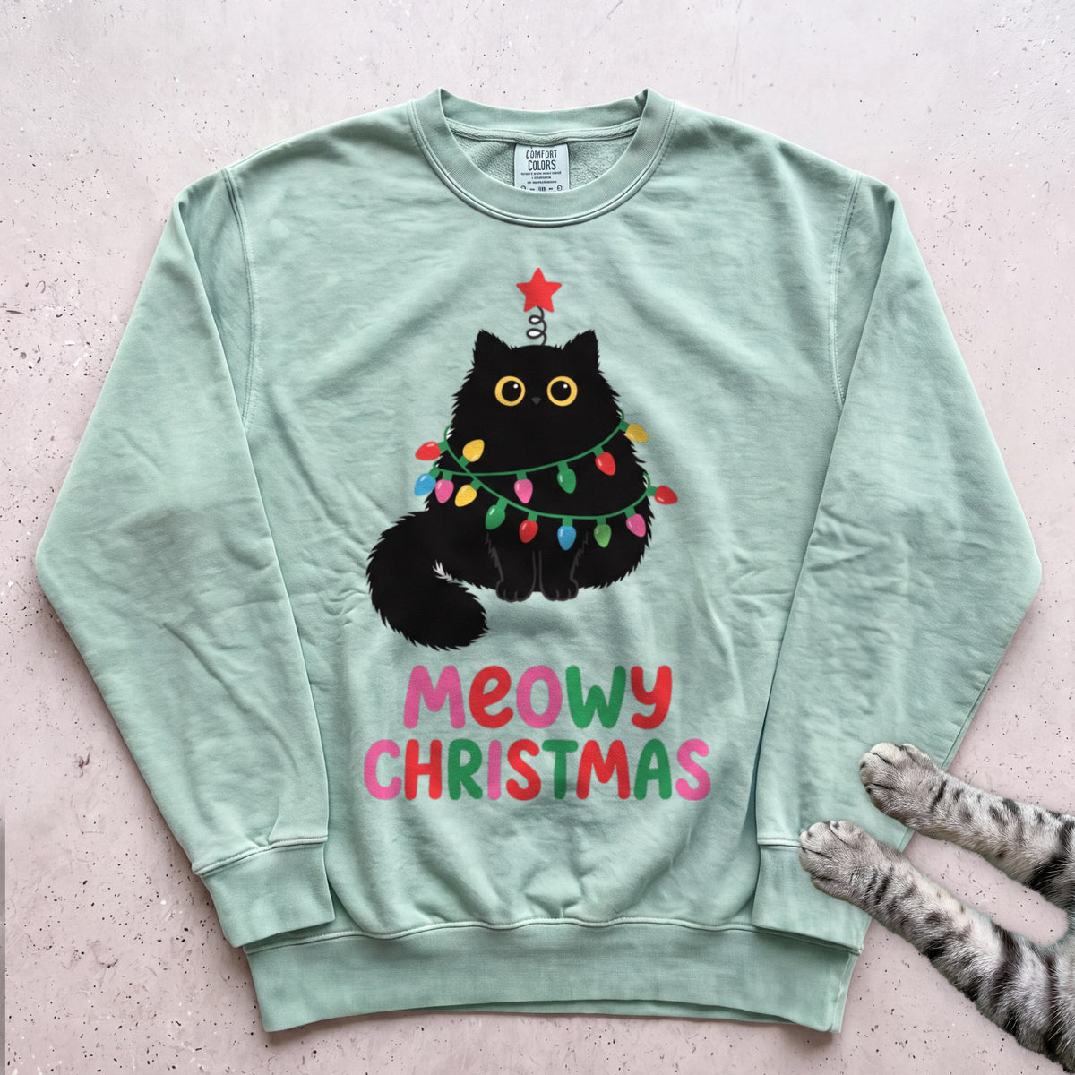 Meowy Christmas Lights Cat Sweatshirt - Light Green