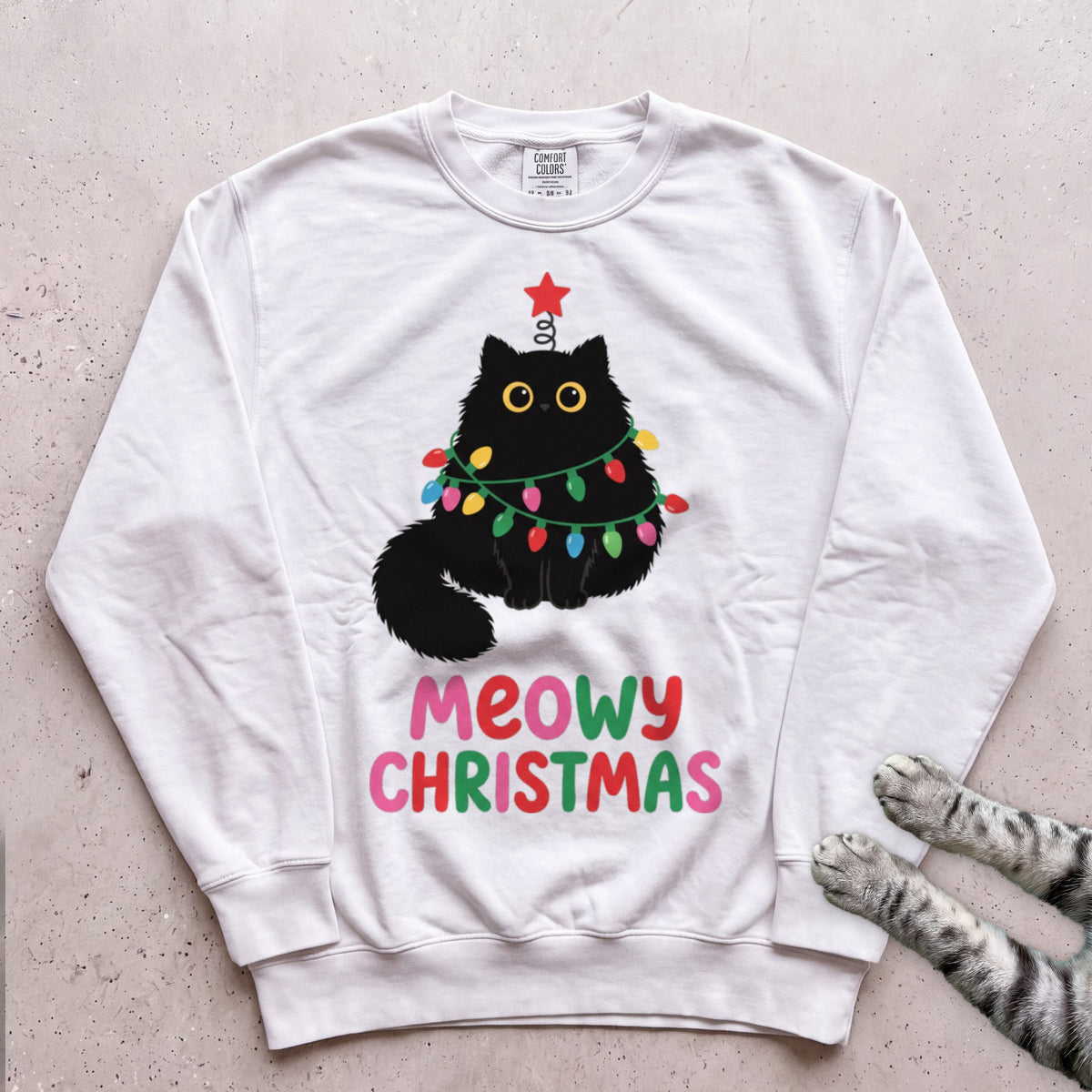 Meowy Christmas Lights Cat Sweatshirt - White