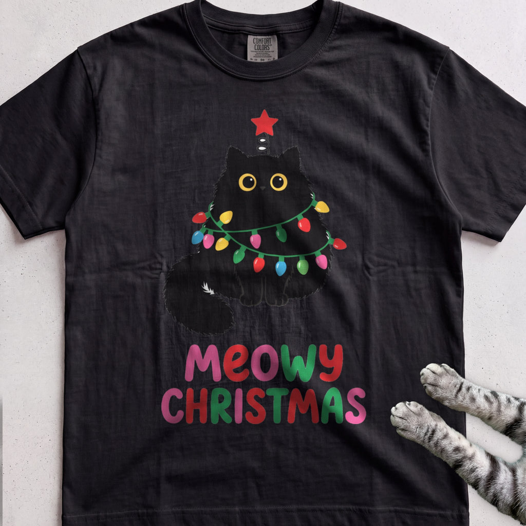Meowy Christmas Lights Cat T-Shirt - Black