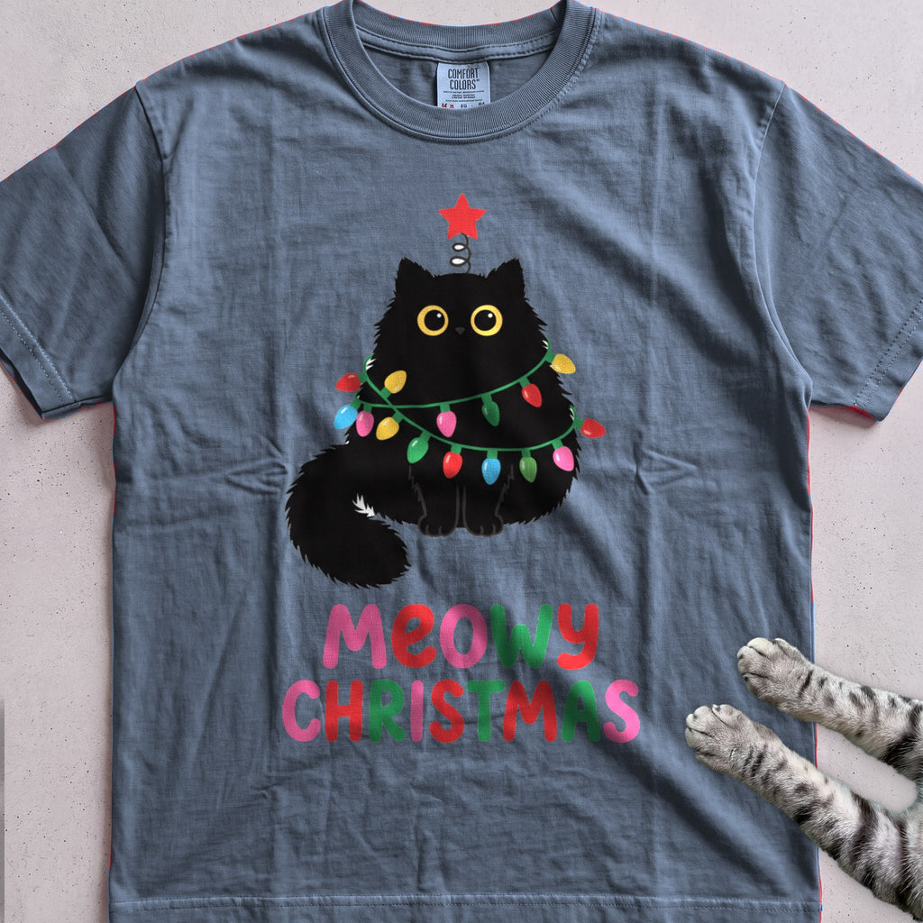 Meowy Christmas Lights Cat T-Shirt - Blue Jean