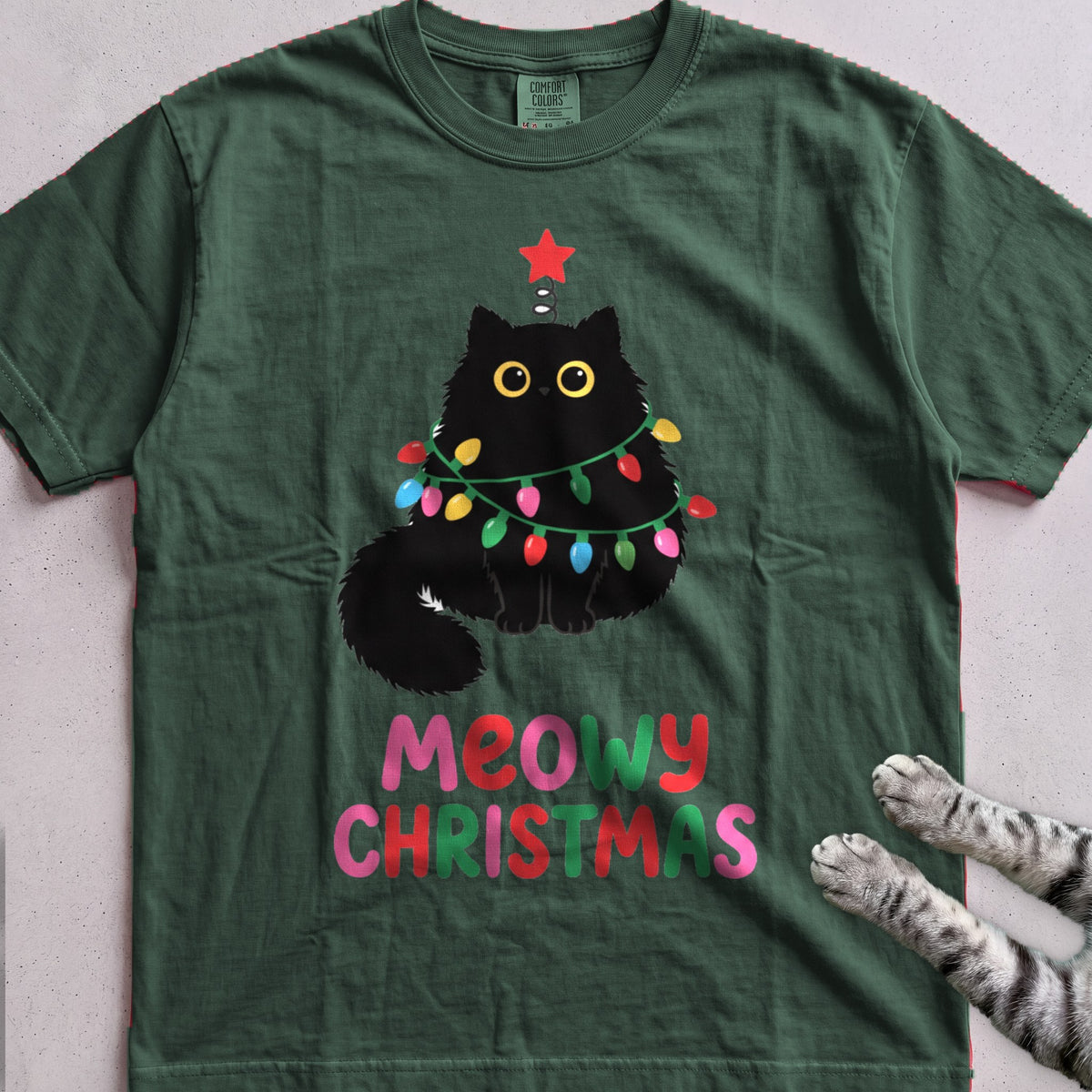 Meowy Christmas Lights Cat T-Shirt - Blue Spruce