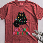 Meowy Christmas Lights Cat T-Shirt - Crimson
