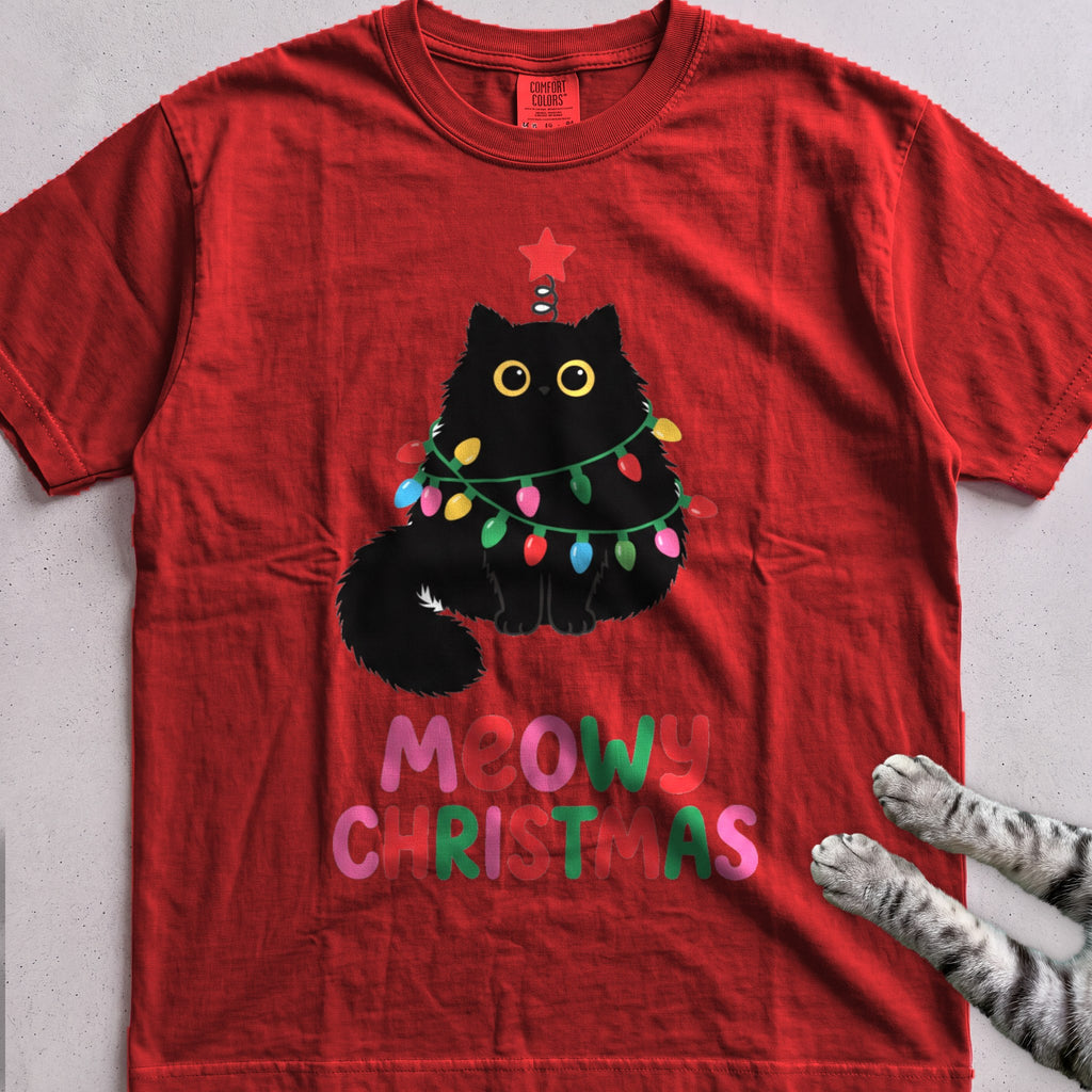 Meowy Christmas Lights Cat T-Shirt - Red