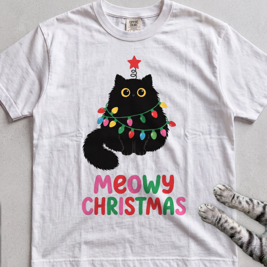 Meowy Christmas Lights Cat T-Shirt - White