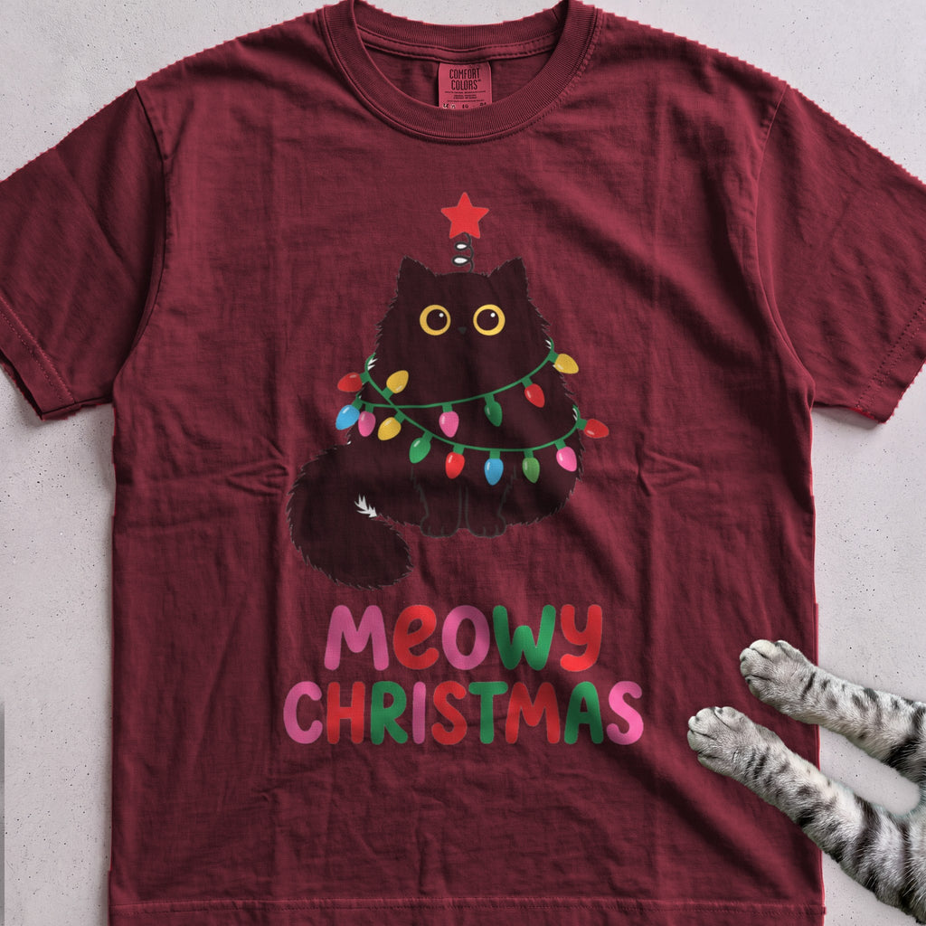 Meowy Christmas Lights Cat T-Shirt - Wine