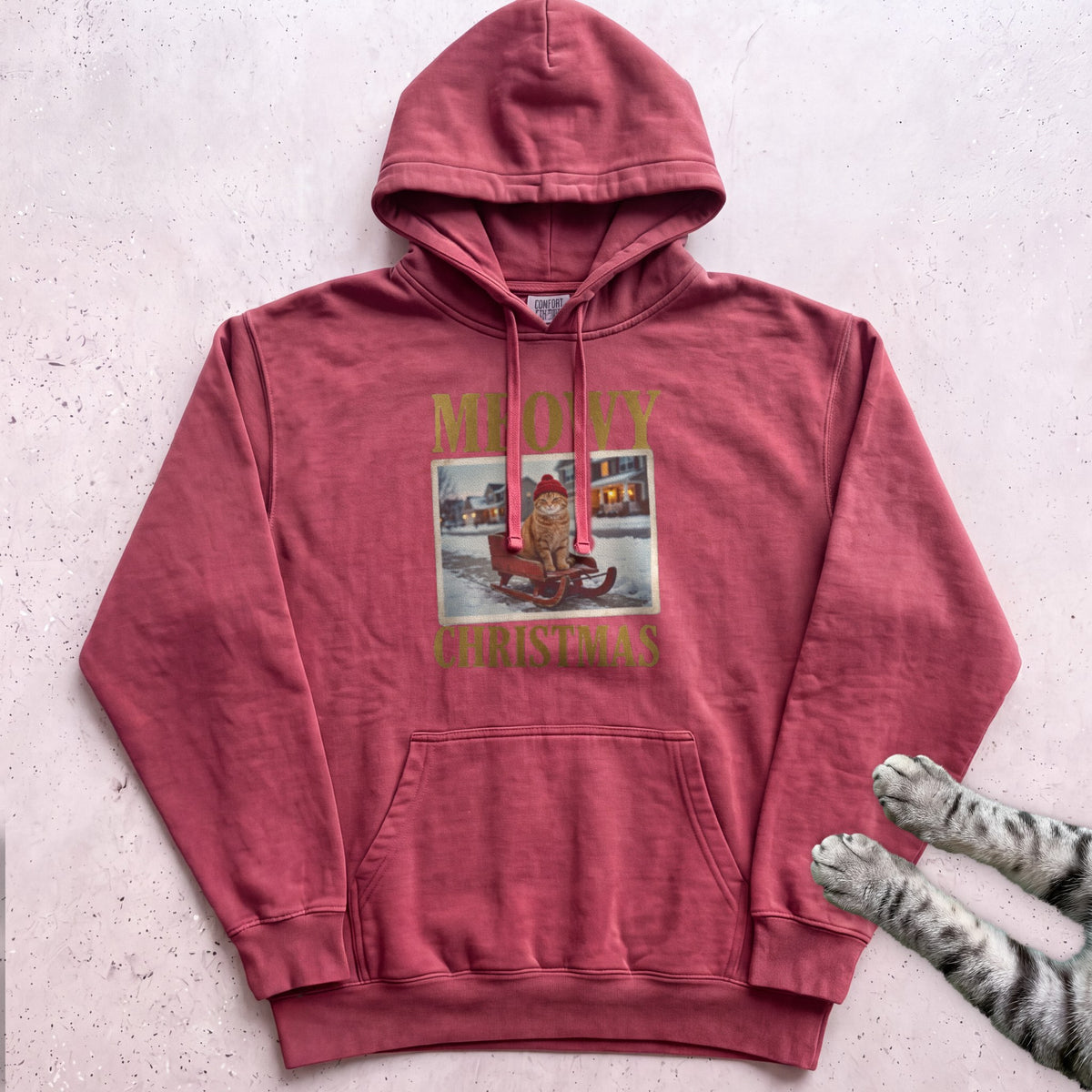 Meowy Christmas Sled Ride Cat Hoodie - Crimson