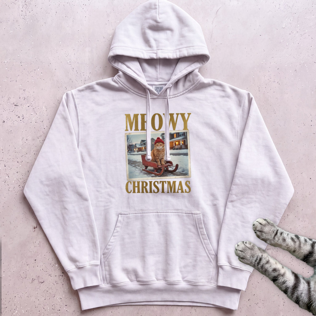 Meowy Christmas Sled Ride Cat Hoodie - White