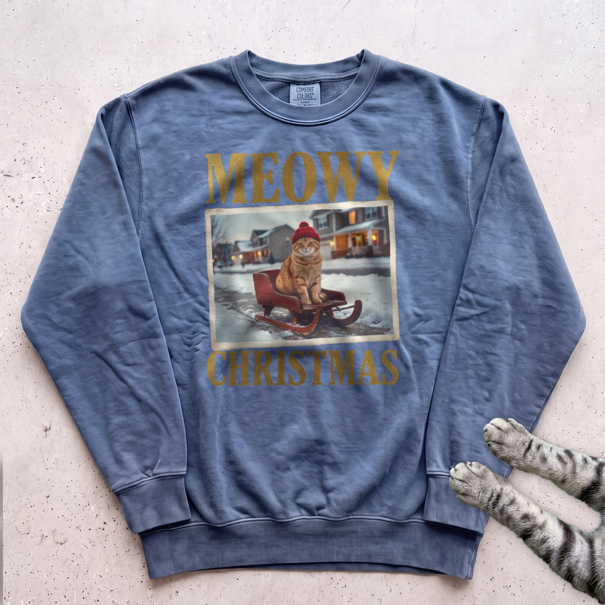 Meowy Christmas Sled Ride Cat Sweatshirt - Blue Jean