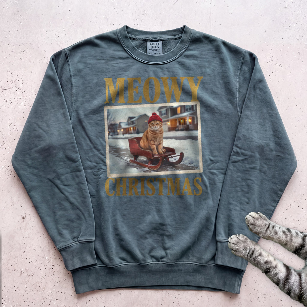 Meowy Christmas Sled Ride Cat Sweatshirt - Blue Spruce