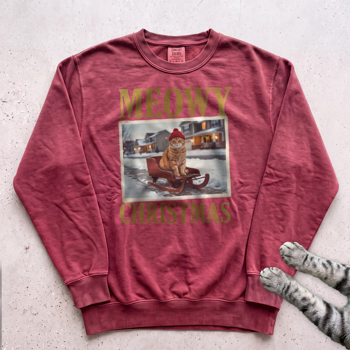 Meowy Christmas Sled Ride Cat Sweatshirt - Crimson