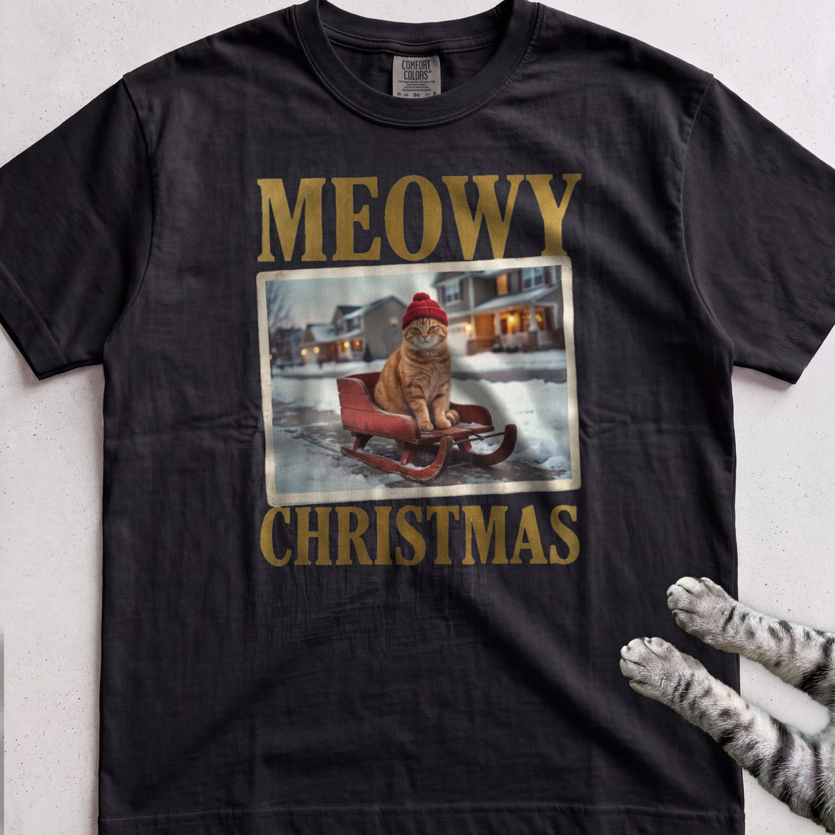 Meowy Christmas Sled Ride Cat T-Shirt - Black