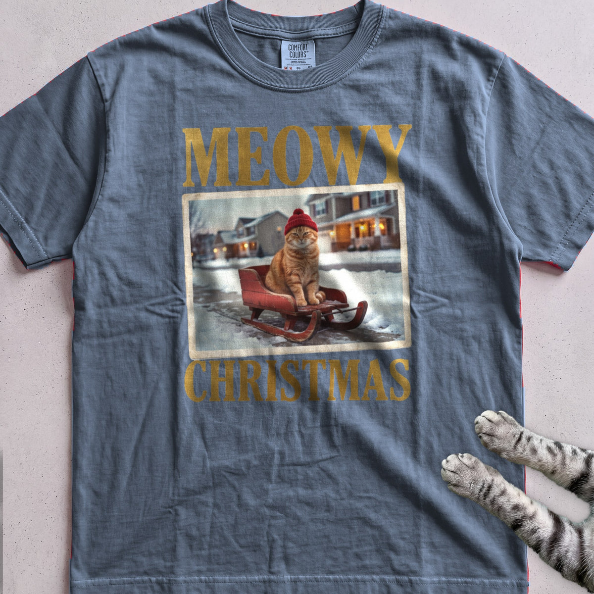 Meowy Christmas Sled Ride Cat T-Shirt - Blue Jean