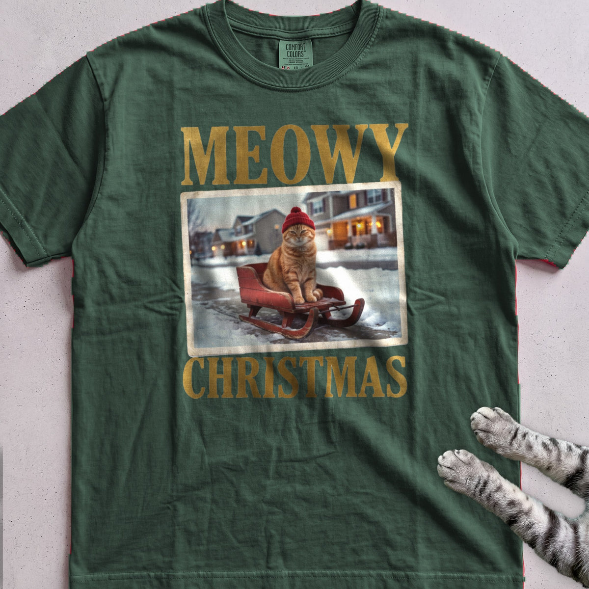 Meowy Christmas Sled Ride Cat T-Shirt - Blue Spruce