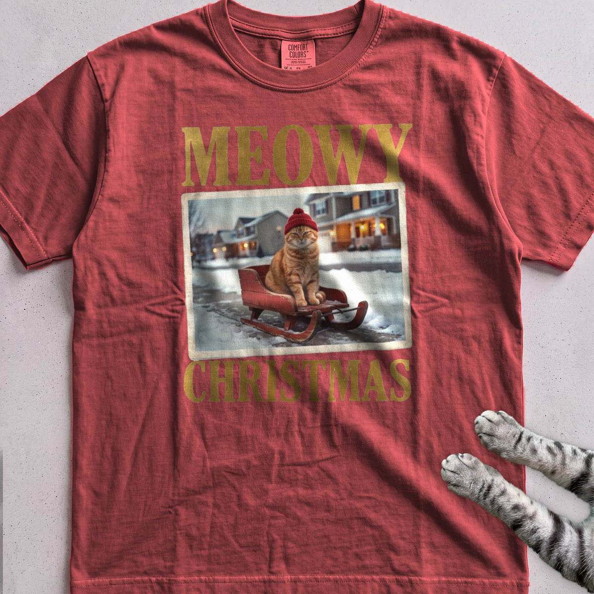 Meowy Christmas Sled Ride Cat T-Shirt - Crimson