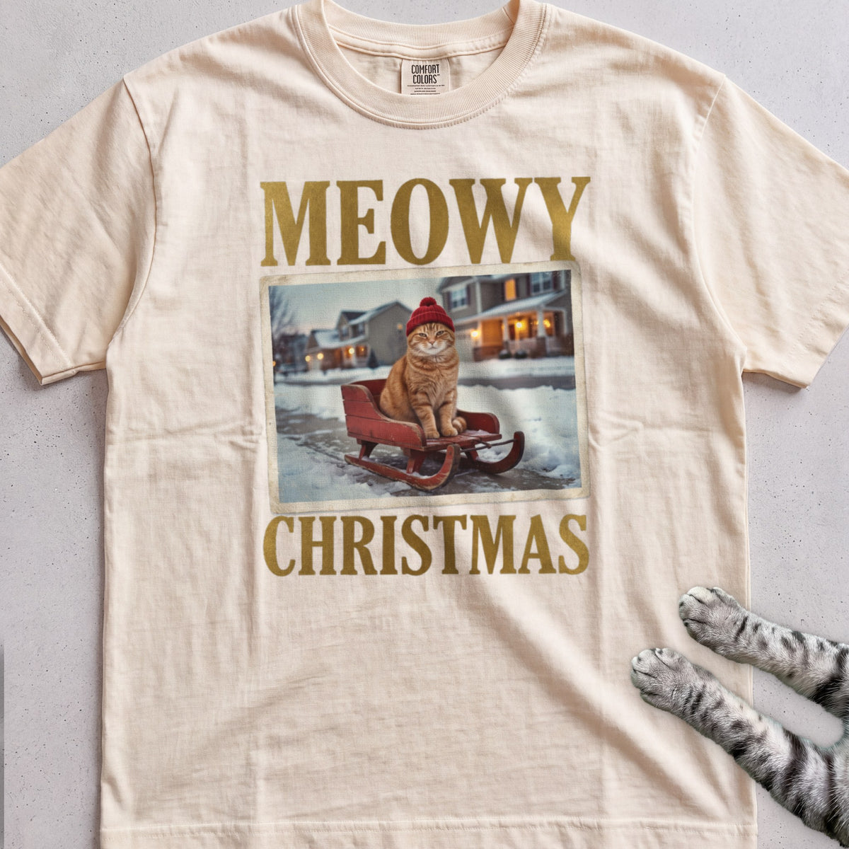 Meowy Christmas Sled Ride Cat T-Shirt - Ivory