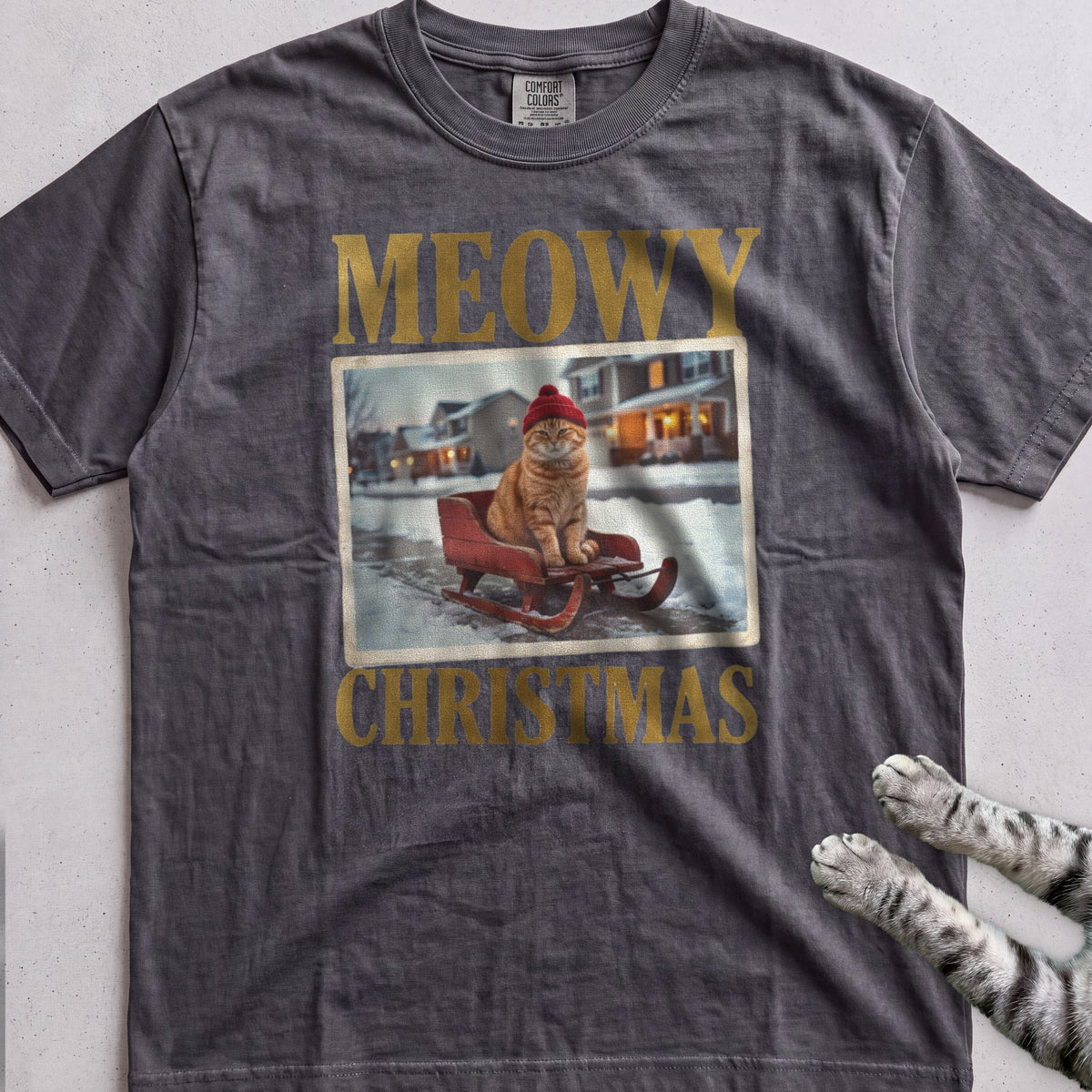 Meowy Christmas Sled Ride Cat T-Shirt - Pepper