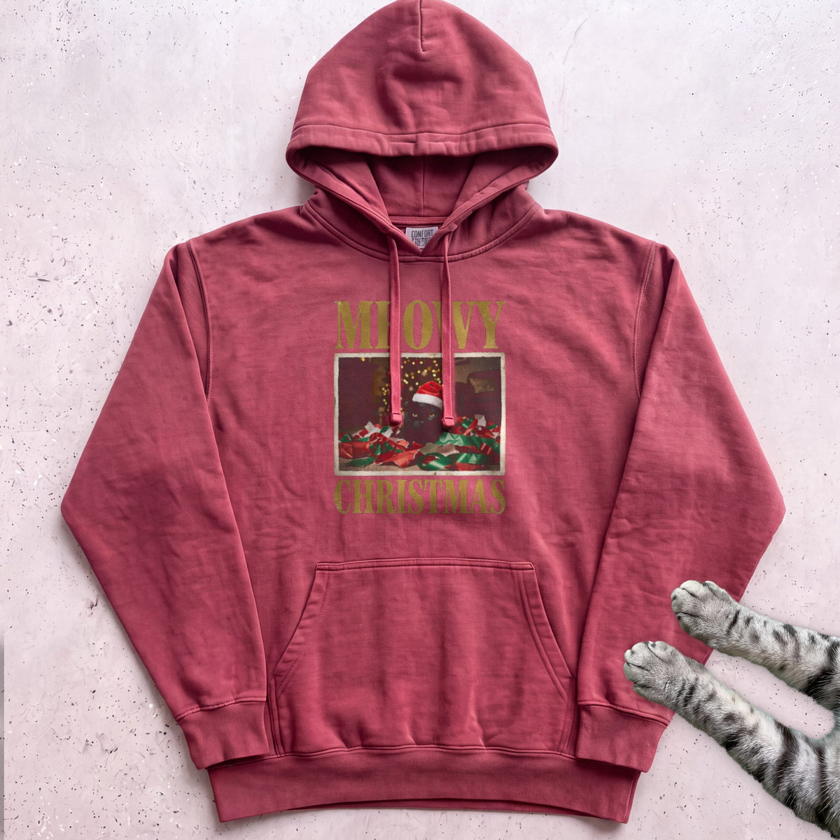 Meowy Christmas Wrapping Paper Cat Hoodie - Crimson