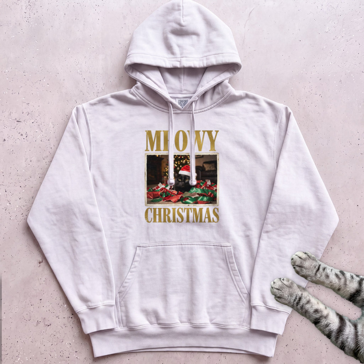 Meowy Christmas Wrapping Paper Cat Hoodie - White